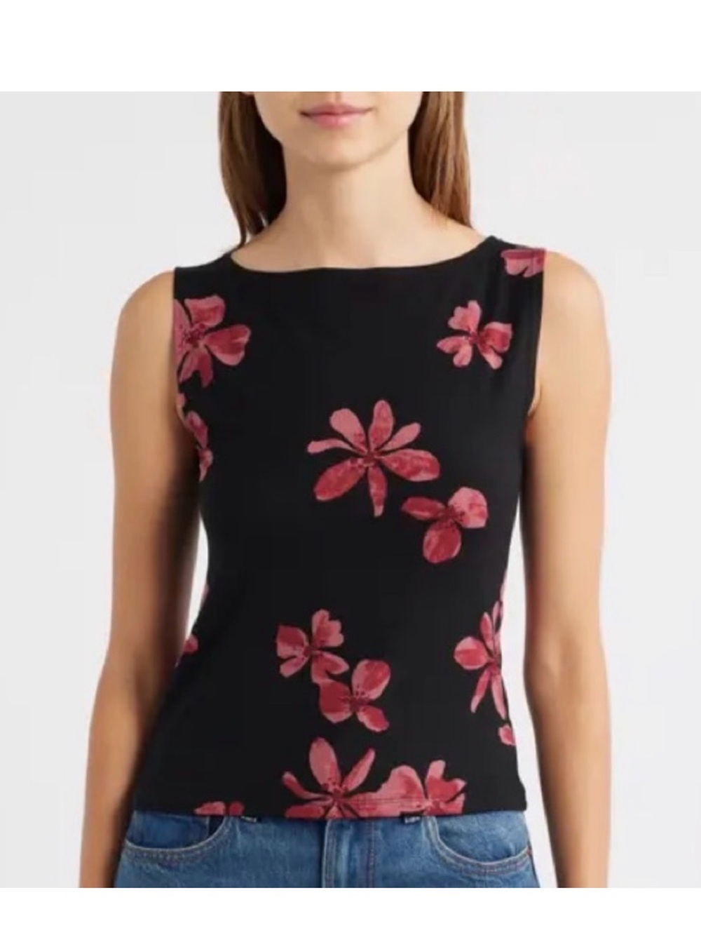Reformation Dusk Knit Black Top with Pink Floral Design